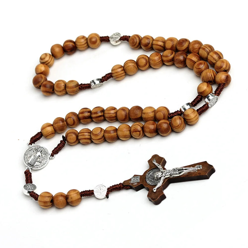 Wood Beads Rosary Necklace – Virgin Mary & INRI Cross