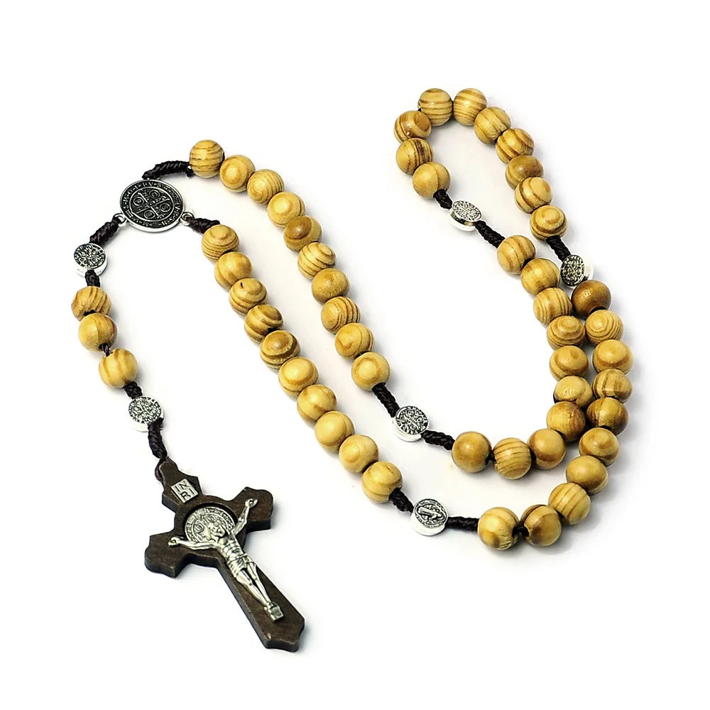 Wood Beads Rosary Necklace – Virgin Mary & INRI Cross