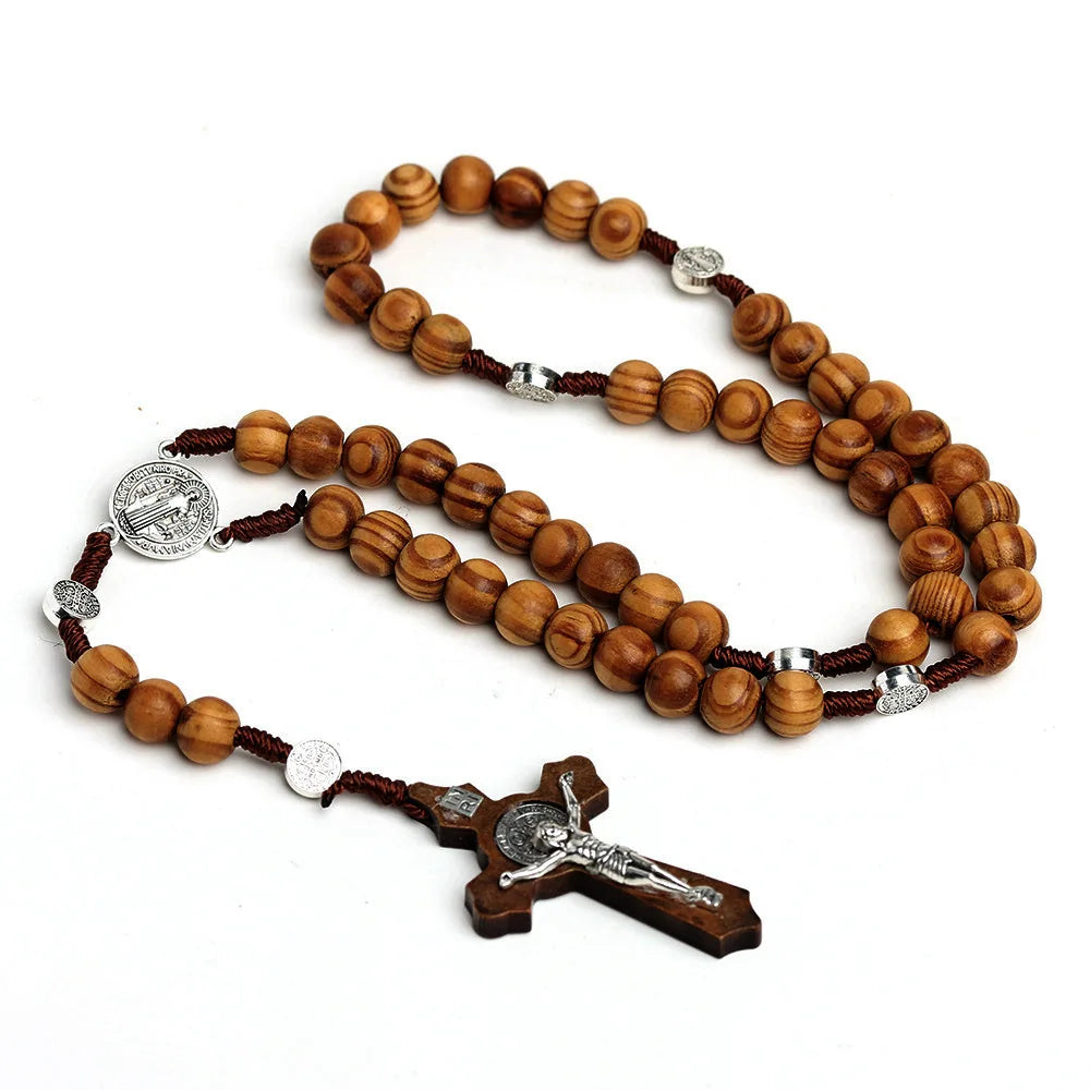 Wood Beads Rosary Necklace – Virgin Mary & INRI Cross